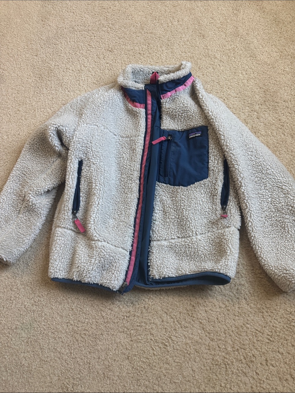 Patagonia Kids Cream Sherpa Jacket with Navy & Pink Trim